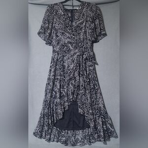 CALVIN KLEIN Women's Black Belted Hi Lo Paisley Surplice Neck Midi Dress -Size 6